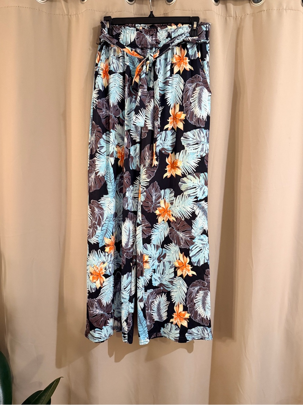 Ecowish Tropical Floral Wide-Leg Pants - Black with Aqua & Orange